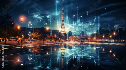 illustration of city with abstract hologram of fi network with big data and digital world connection concept