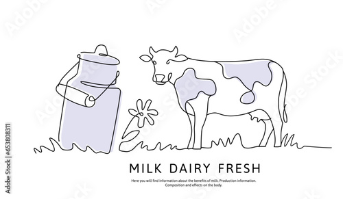 Cow with milk can line art drawing. Minimalist black linear sketch