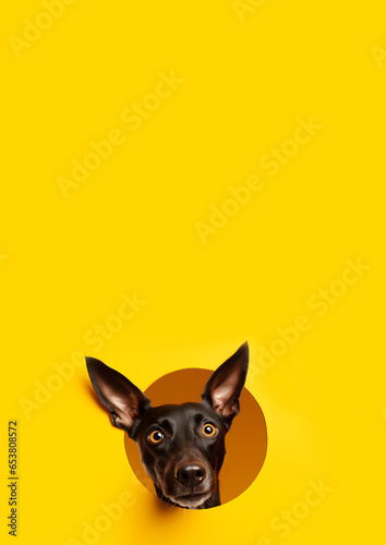 chiens qui nous regarde en passant la tête dans un trou - fond jaune © Fox_Dsign