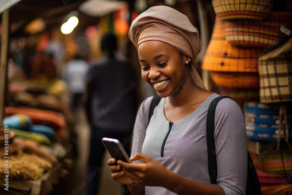 Young smiling african woman using mobile phone in a local market. Stock ...
