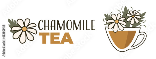 Organic and natural chamomile tea in cup, label