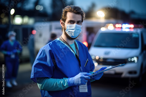 Male EMS key worker doctor in front of healthcare ambulance vehicle, wearing protective PPE face mask equipment, holding medical lab patient health check form. COVID-19 pandemic outbreak crisis. photo