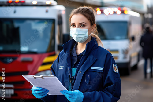 Young female Emergency Medical Service worker doctor in front of healthcare medical ambulance vehicles, wearing protective face mask holding medical patient's health check form. photo