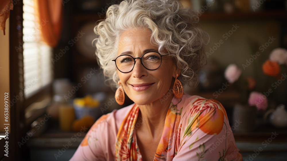 portrait of a happy senior woman smiling while standing by the window. portrait of a happy senior woman smiling while standing by the window.