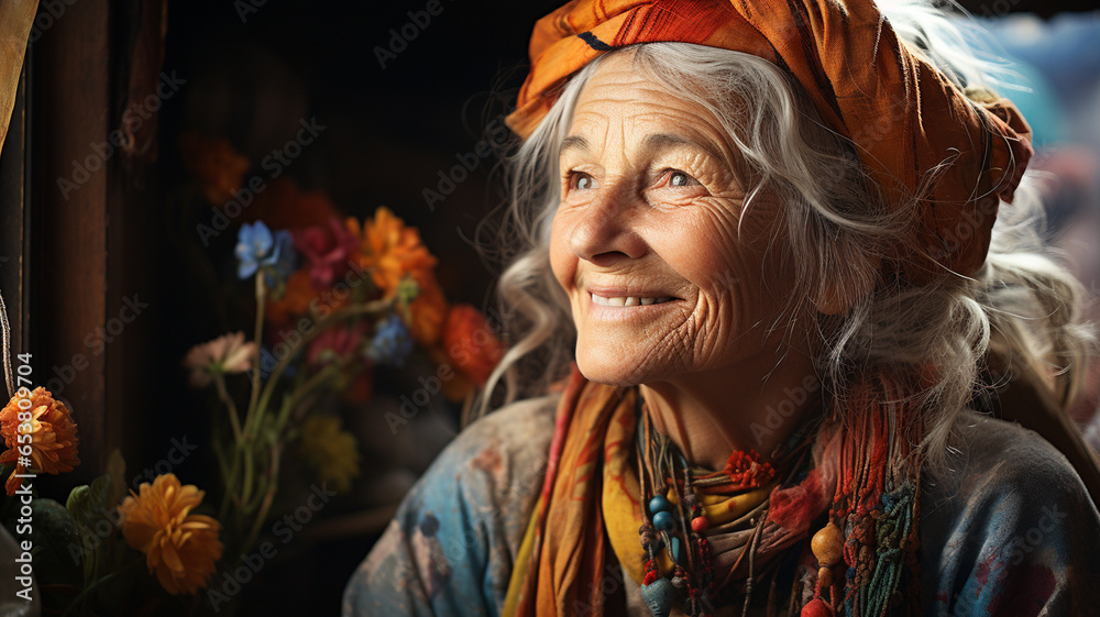 portrait of a happy senior woman smiling while standing by the window.
