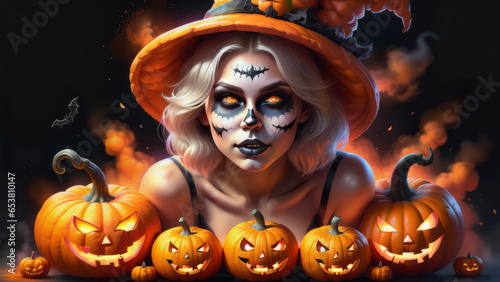 Attraktive junge Frau in Hexen-, Karnevalskostüm, geschminkt hat Spaß an Halloween, Halloweenparty, Halloweenbackground, ki-generiert photo