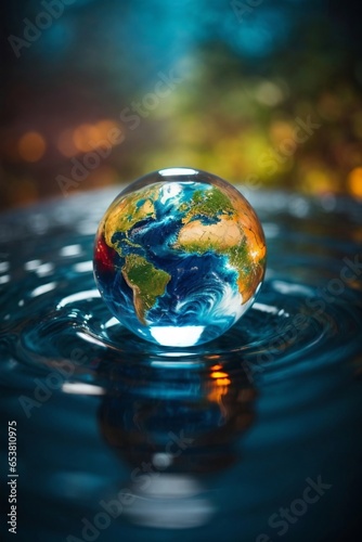 Earth Inside A Water Drop, Vibrant Colours, Volumetric Light, sharp focus, studio photo, intricate details, highly detailed. 