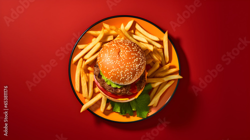 hamburger et ses frites, dans une assiette sur une nappe rouge, vus de dessus photo