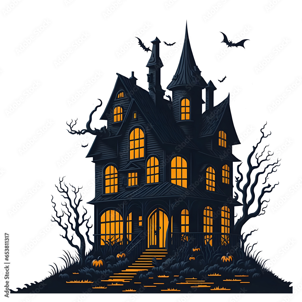 Spooky Halloween House Transparent PNG Clipart, Cartoon Illustration of Haunted house silhouette, 