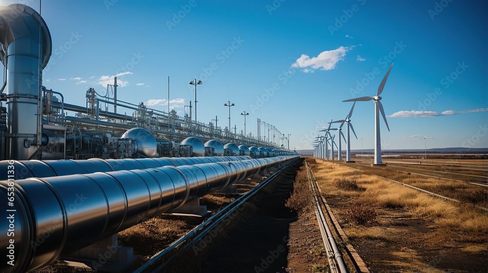 Naklejka premium A hydrogen pipeline with wind turbines. Renewable industry from wind turbine facilities.