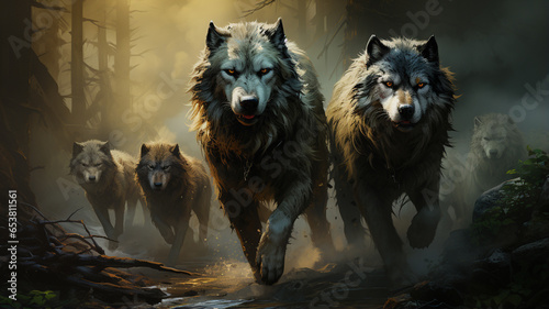 group of wild wolves in the forest