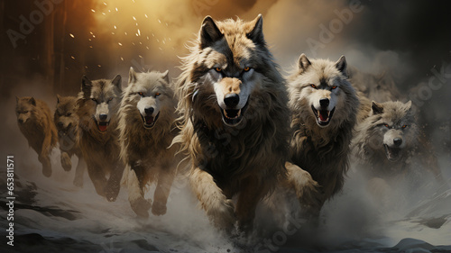 group of wild wolves in the forest