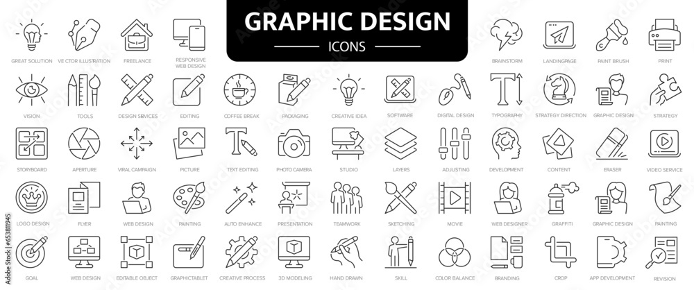 Graphic design line icons set. Creative Process symbol. Design, creative package, stationary, software, paintbrush, palette, prepress.