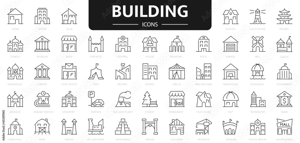 Building icons set. Bank, hotel, courthouse, home, villa, church, hospital, town house, museum and more buildings line icon.