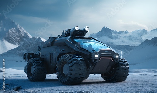 Advanced heavy military vehicles in a snowy ice environment, AI generative photo