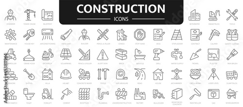 Fototapeta Naklejka Na Ścianę i Meble -  Construction line icons set. 60 Outline web icon set construction, home repair tools. Construction vehicle, elements, tools.