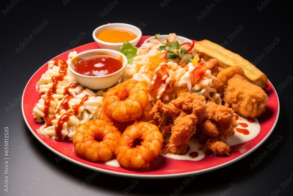 Fried Shrimps with sauce and mayonnaise on plate Fried Shrimps with sauce and mayonnaise on plate