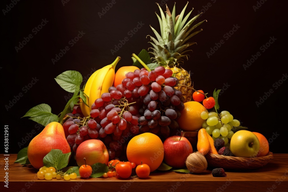 Fruits were placed on a wooden table in front of a dark background. Fruits were placed on a wooden table in front of a dark background.