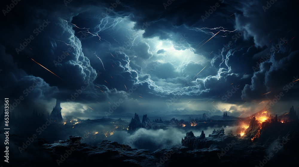 Fototapeta premium lightning storm clouds over night city landscape