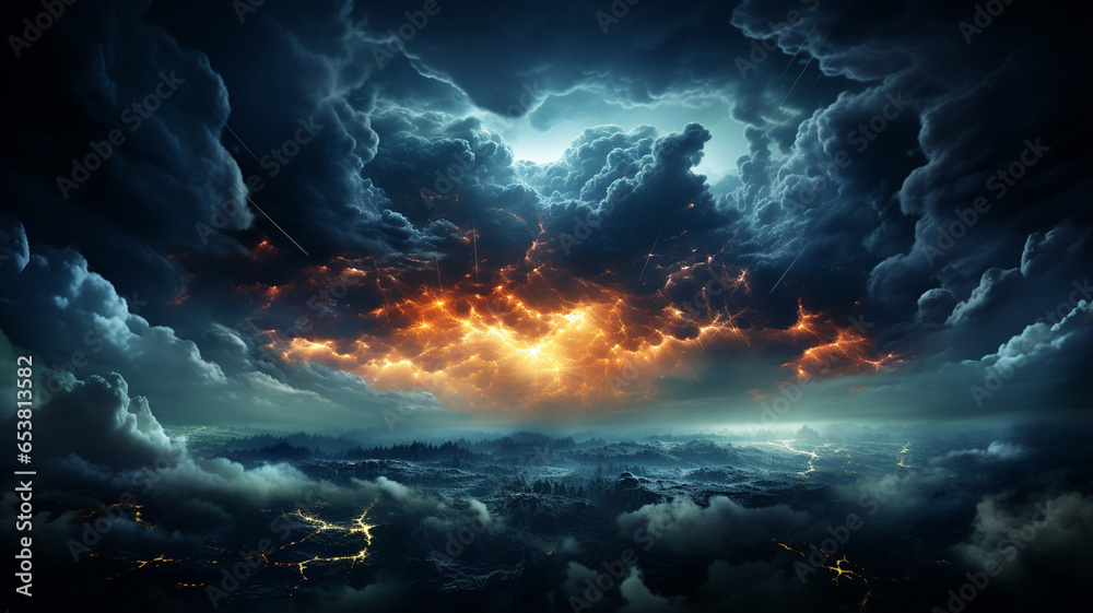 lightning storm clouds over night city landscape