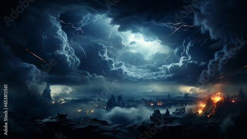 lightning storm clouds over night city landscape