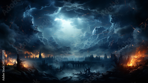 lightning storm clouds over night city landscape