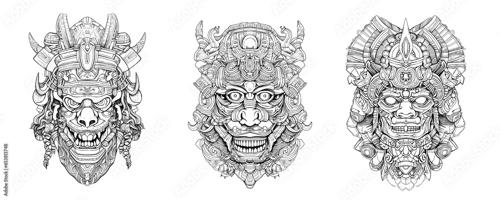Mythical divinities portrait. Terrible mask for coloring. Mystical and spooky creatures created with generative AI.	
