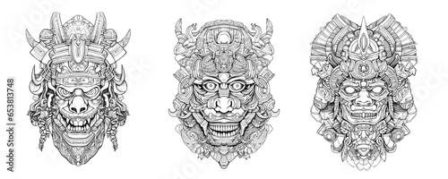 Mythical divinities portrait. Terrible mask for coloring. Mystical and spooky creatures created with generative AI. 