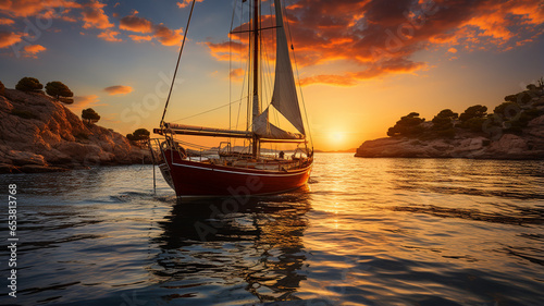 boat at sunrise at beautiful sea