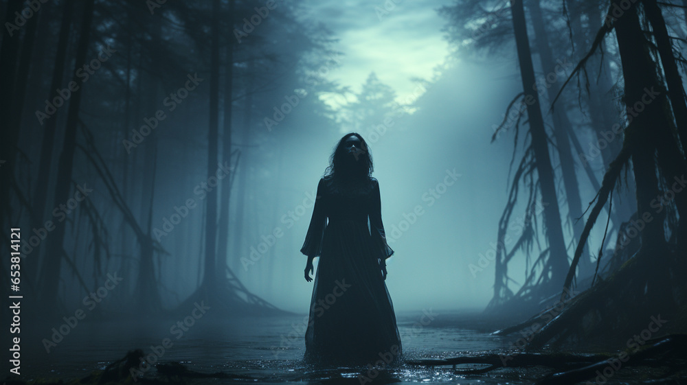 silhouette of woman walking in forest - obrazy, fototapety, plakaty 