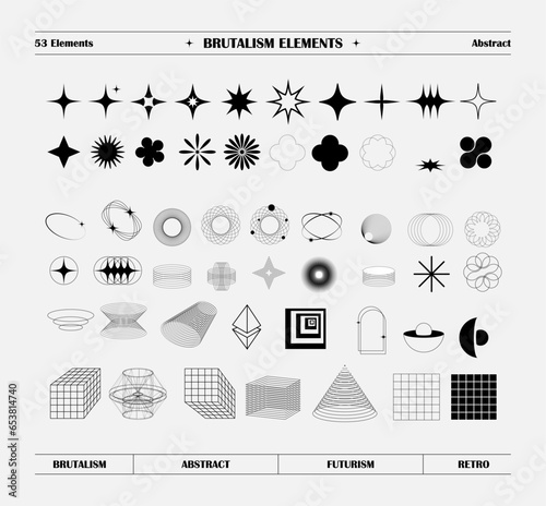 Brutalist abstract geometric shapes and grids. Brutal contemporary figure star oval spiral flower and other primitive elements. Swiss design aesthetic. Bauhaus memphis design.
