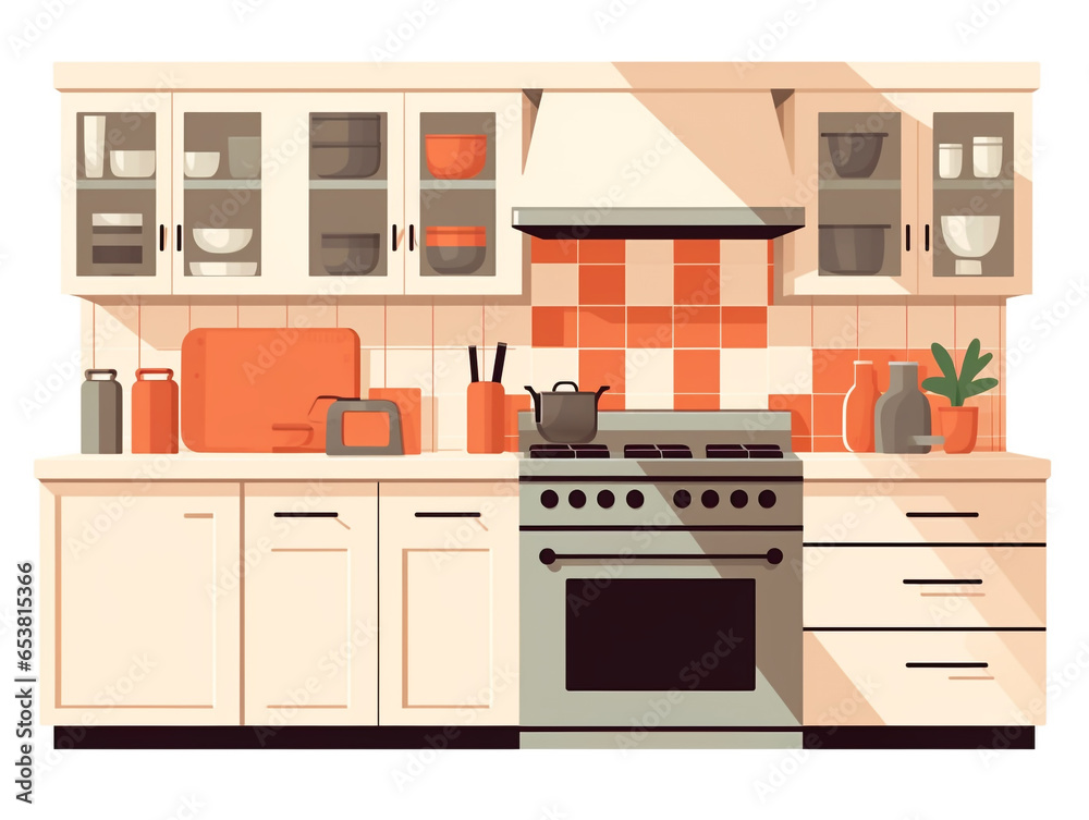 Illustration elevation of modern design kitchen cabinet equipped with kitchen tools. Using bright colors to give a cheerful mood. Illustration elevation of modern design kitchen cabinet equipped with kitchen tools. Using bright colors to give a cheerful mood.
