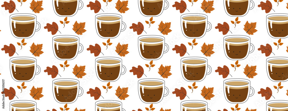 Seamless pattern with a cup of warm coffee and autumn leaves autumn illustration