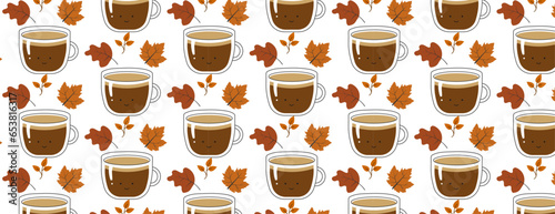 Seamless pattern with a cup of warm coffee and autumn leaves autumn illustration