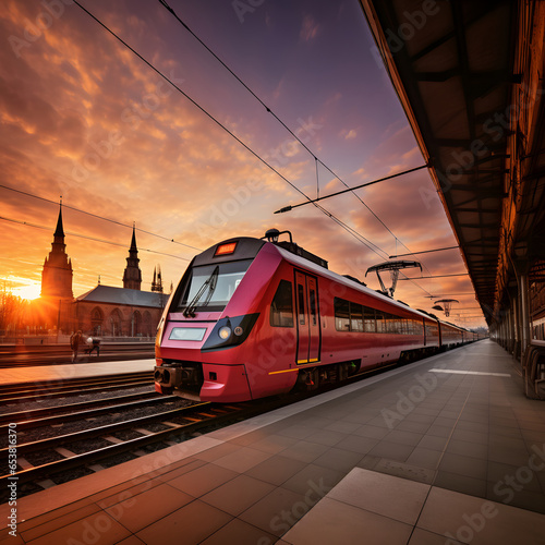 Beautiful railway station with modern red commuter train at colorful sunset in nuremberg , germany. 