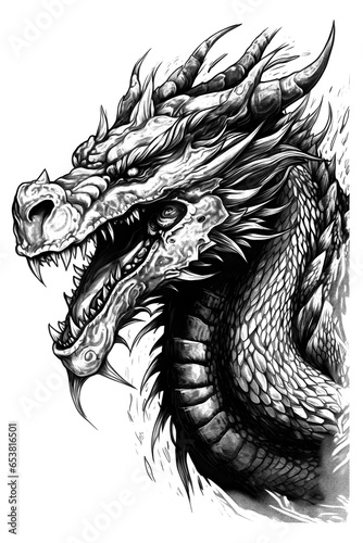 Terrible dragon portrait. Horror creature for coloring. Mystical dragon created with generative AI. © Lunstream