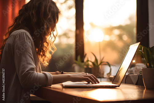 woman working on laptop in the morning ai generative