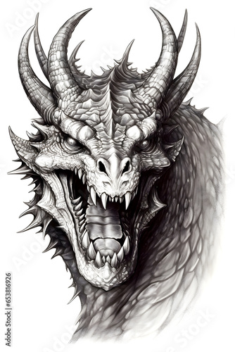 Terrible dragon portrait. Horror creature for coloring. Mystical dragon created with generative AI.