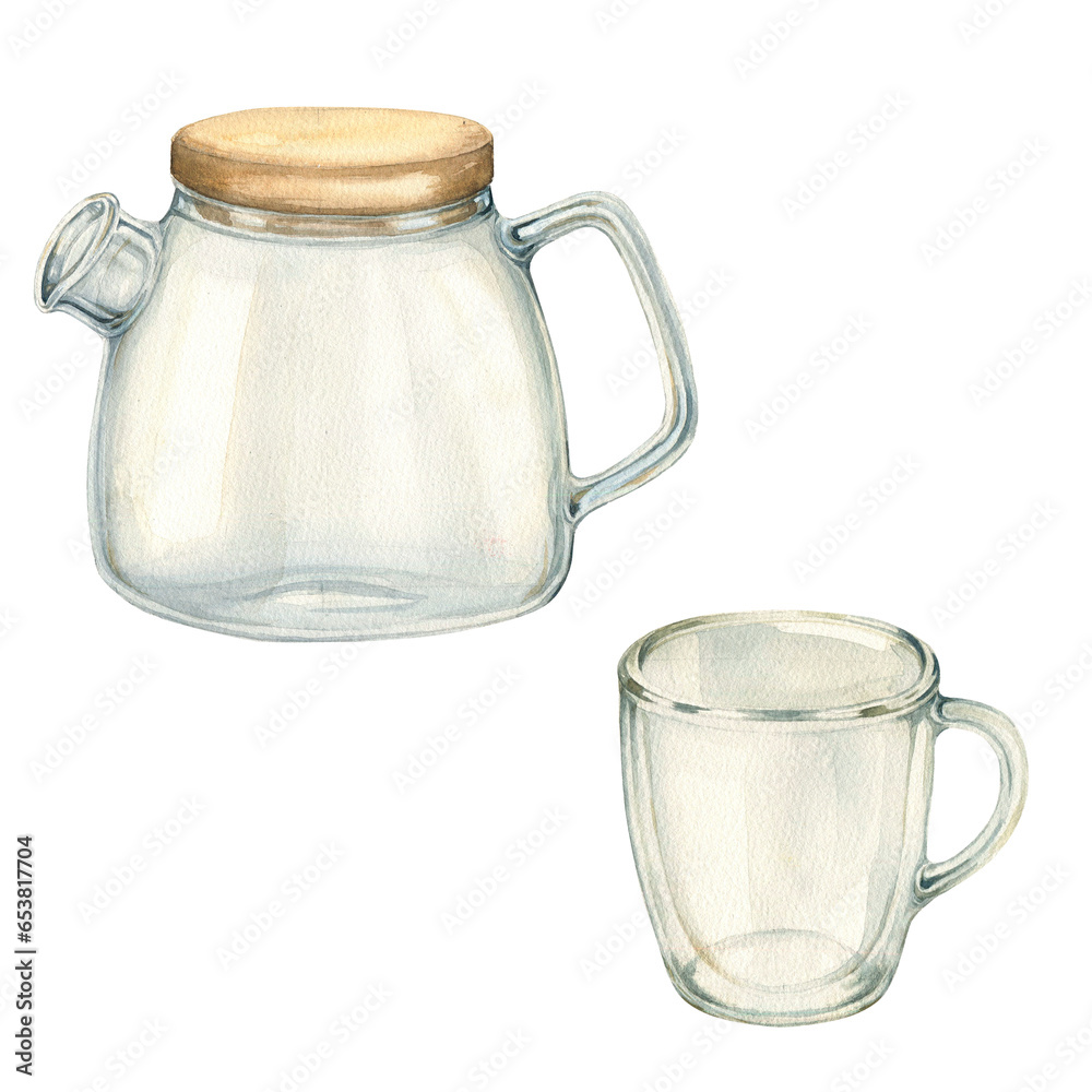 Watercolor transparent glass teapot and tea cup illustration. Hand drawn tea party pot and cup clipart element isolated on white background. For kitchen, invitation, packaging, cafe, menu. Watercolor transparent glass teapot and tea cup illustration. Hand drawn tea party pot and cup clipart element isolated on white background. For kitchen, invitation, packaging, cafe, menu.