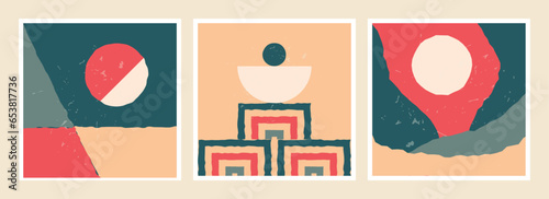 Abstract and minimalist compositions with primitive forms, inspired by Mid-century modern.