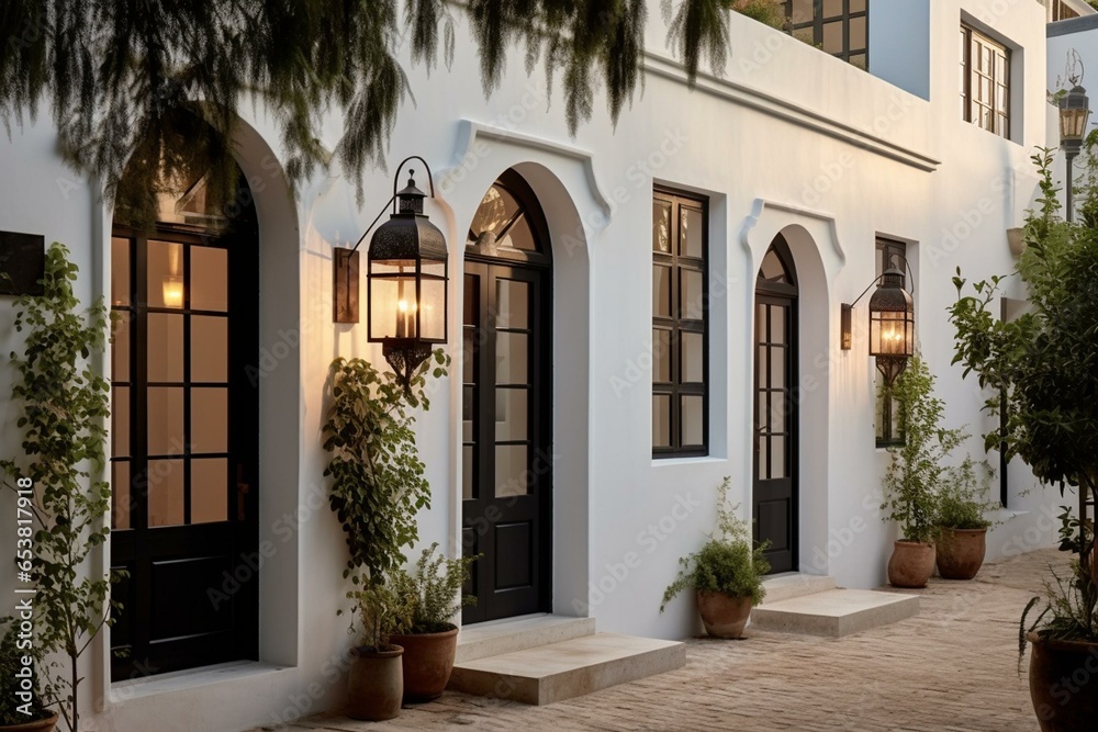 Elegant Mediterranean dwelling adorned with black metal lanterns and a pristine white facade. Generative AI