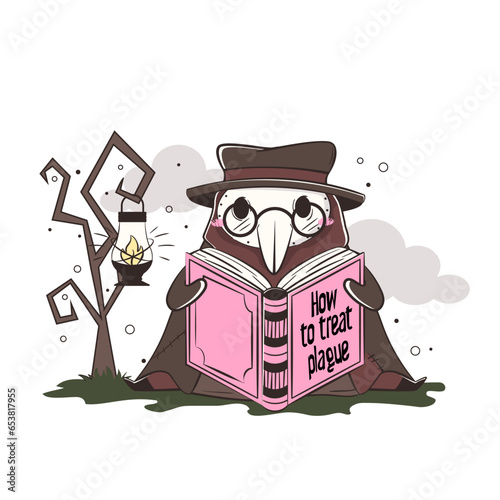 Cute kawaii plague doctor is reading a book on how to treat the plague under a tree