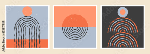 Abstract and minimalist compositions with primitive forms, inspired by Boho art and Mid-century modern.