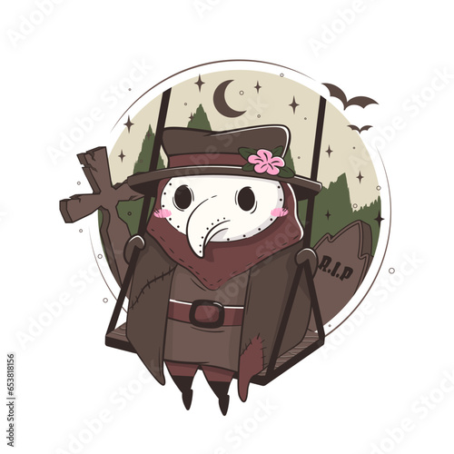 Cute kawaii plague doctor swinging on a swing in a cemetery