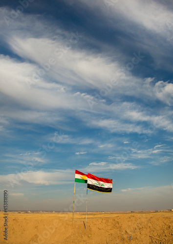 Iraqi And Kurdish Flags On The Frontline, Kirkuk, Kurdistan, Iraq photo