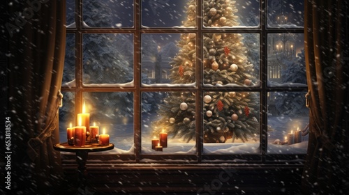 Yuletide Serenity: Gentle Snowfall Outside a Window with a Candlelit Christmas Tree Inside.- generative AI