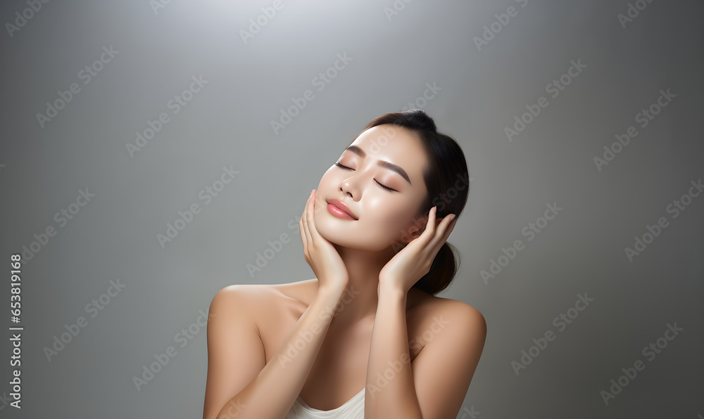 Beautiful young Asian woman, white, smooth, clean face. Studio atmosphere, advertising concept for cosmetics, spa, beauty clinic, Generative AI Beautiful young Asian woman, white, smooth, clean face. Studio atmosphere, advertising concept for cosmetics, spa, beauty clinic, Generative AI