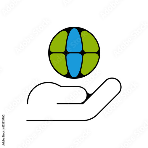 picto logo icones et symbole ecologie label logo planete terre main couleur vert et bleu