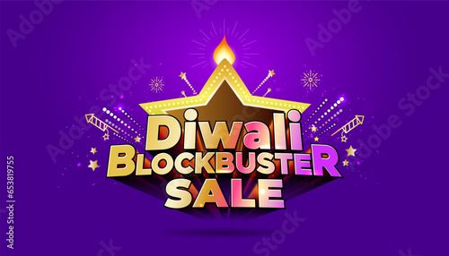 Diwali blockbuster Sale Concept with diya oil lamp on blue sparkle Background. Diwali, Deepavali or Deepawali Indian traditional festival of lights.