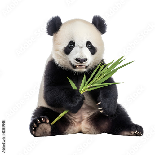 Panda eating a bamboo leaves isolated on transparent background.